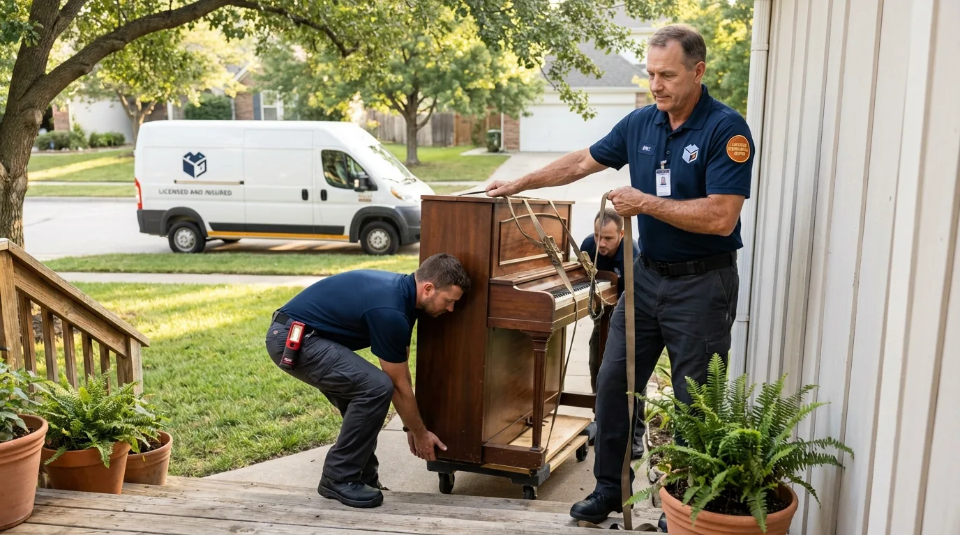 Licensed piano movers securing grand piano in Windom, MN