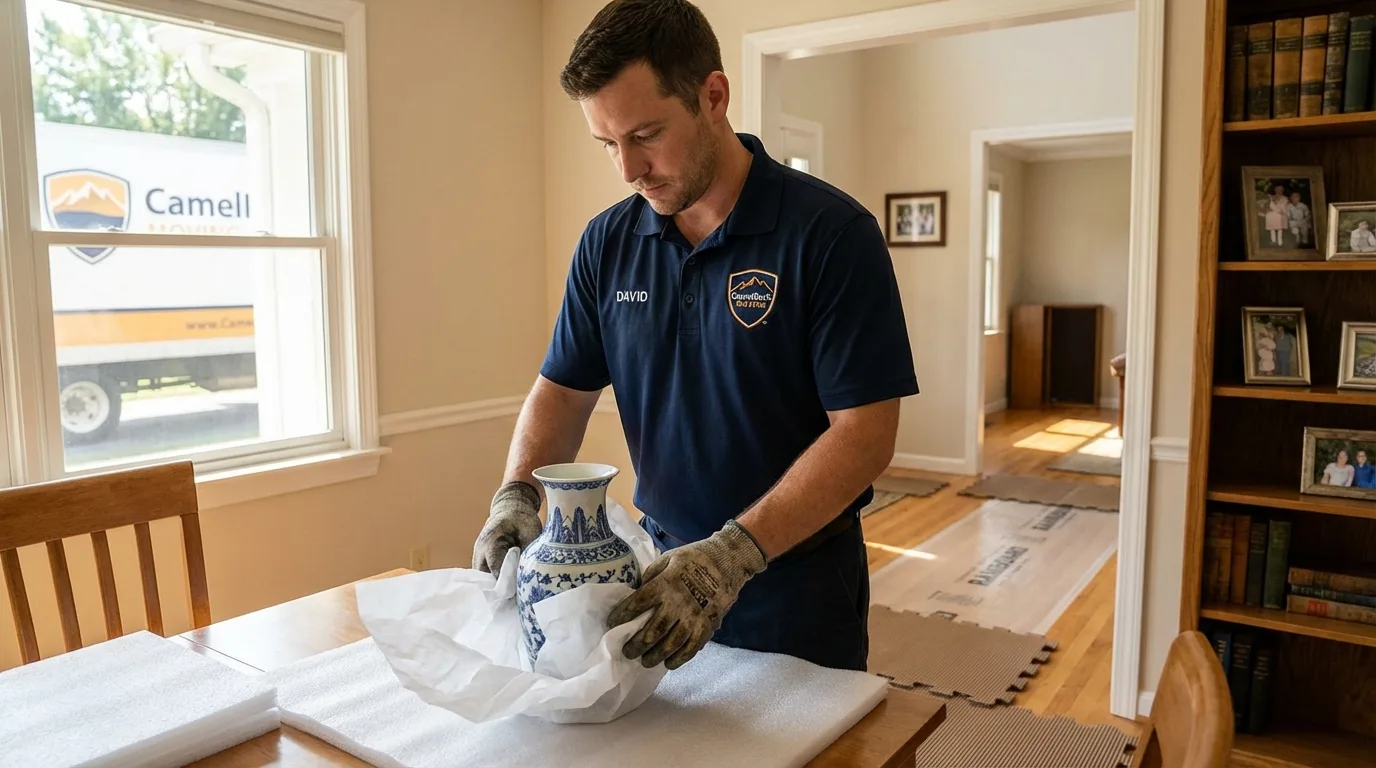 Professional crew carefully wrapping antique vase for senior downsizing move in Windom, MN